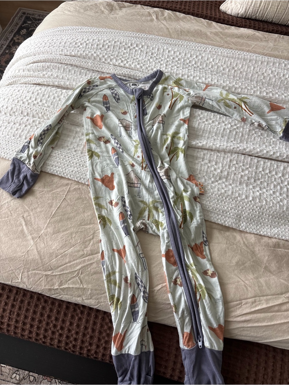 Remi and friends Light Green Palm & Surf Zip Front Footie for Kids